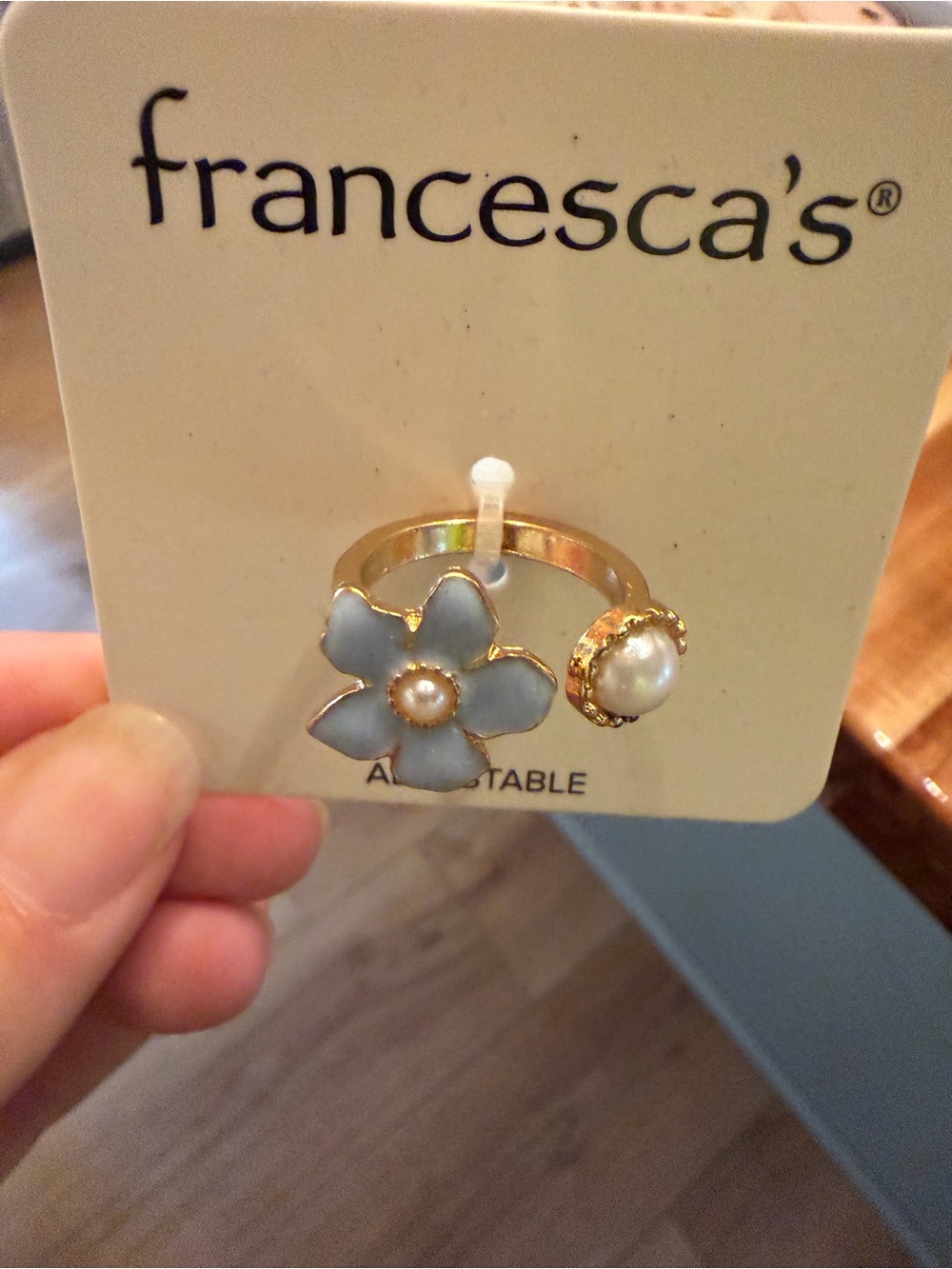 Francesca's Collections Gold-Tone Ring with Pale Blue Flower and Pearl Accent